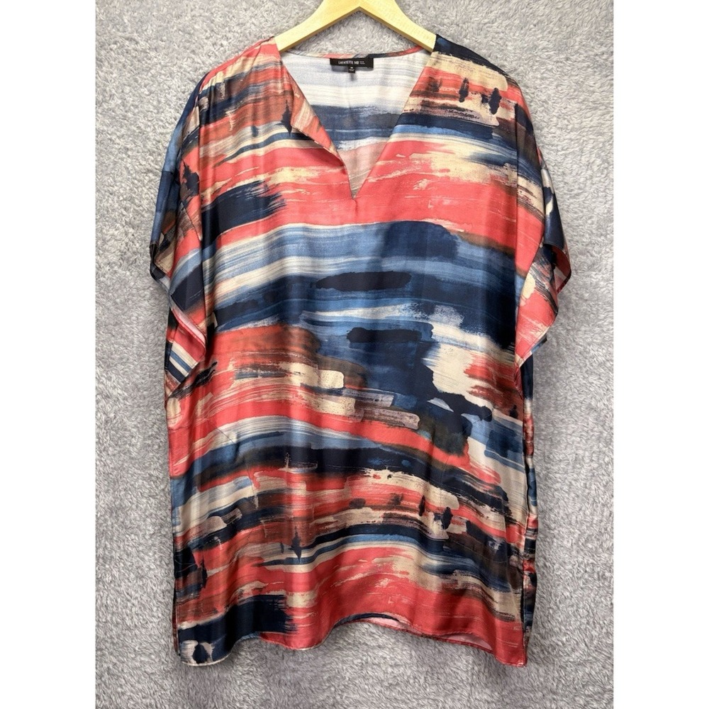 Lafayette 148 Womens M 100% Silk Oversized Tunic Top Colorful Art Print V Neck